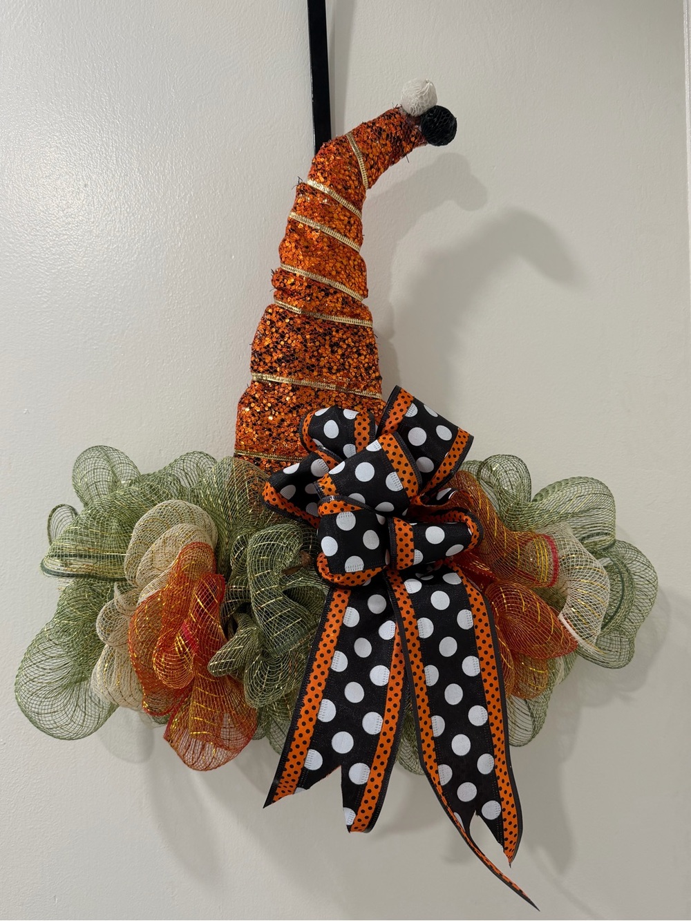 Halloween Witch Hat Mesh Wreath - Orange, Green, Black